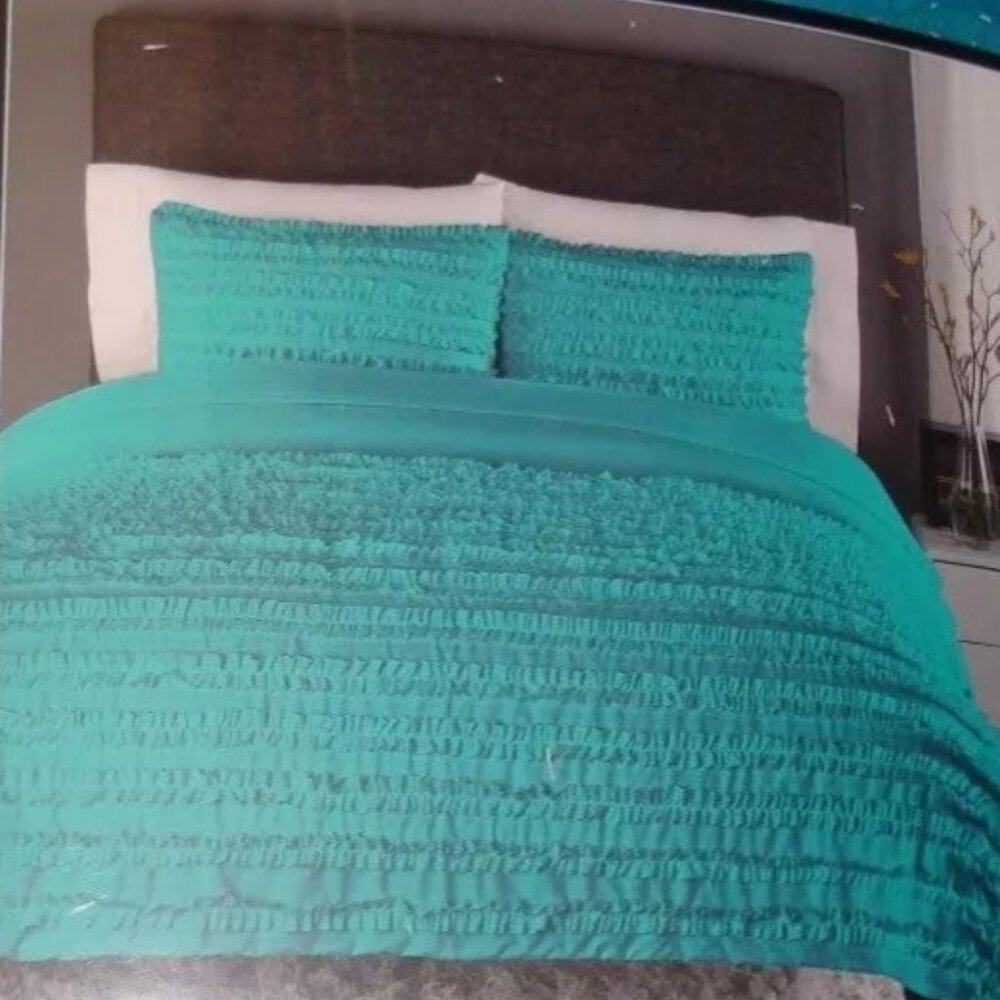 New Cynthia Rowley Ruffle Comforter Set Full Queen Teal Turquoise Shabby Chic